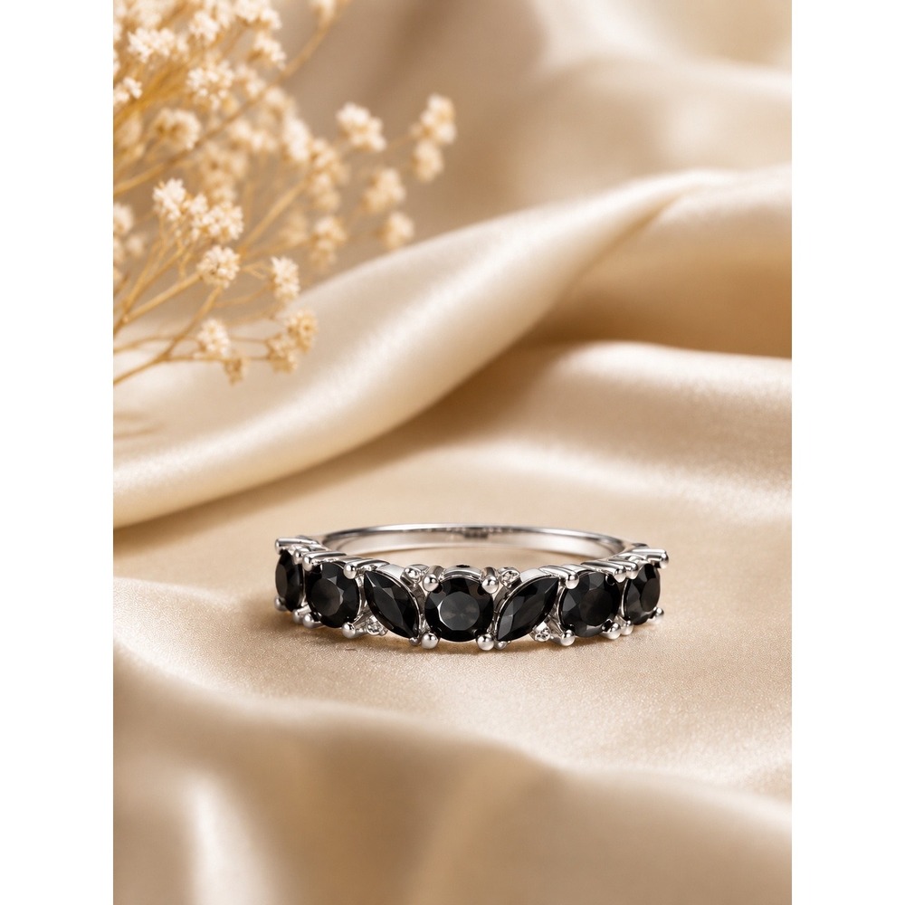Bomb Party Womens Black Marquise Round Stone Silver Tone Band Ring Size 7